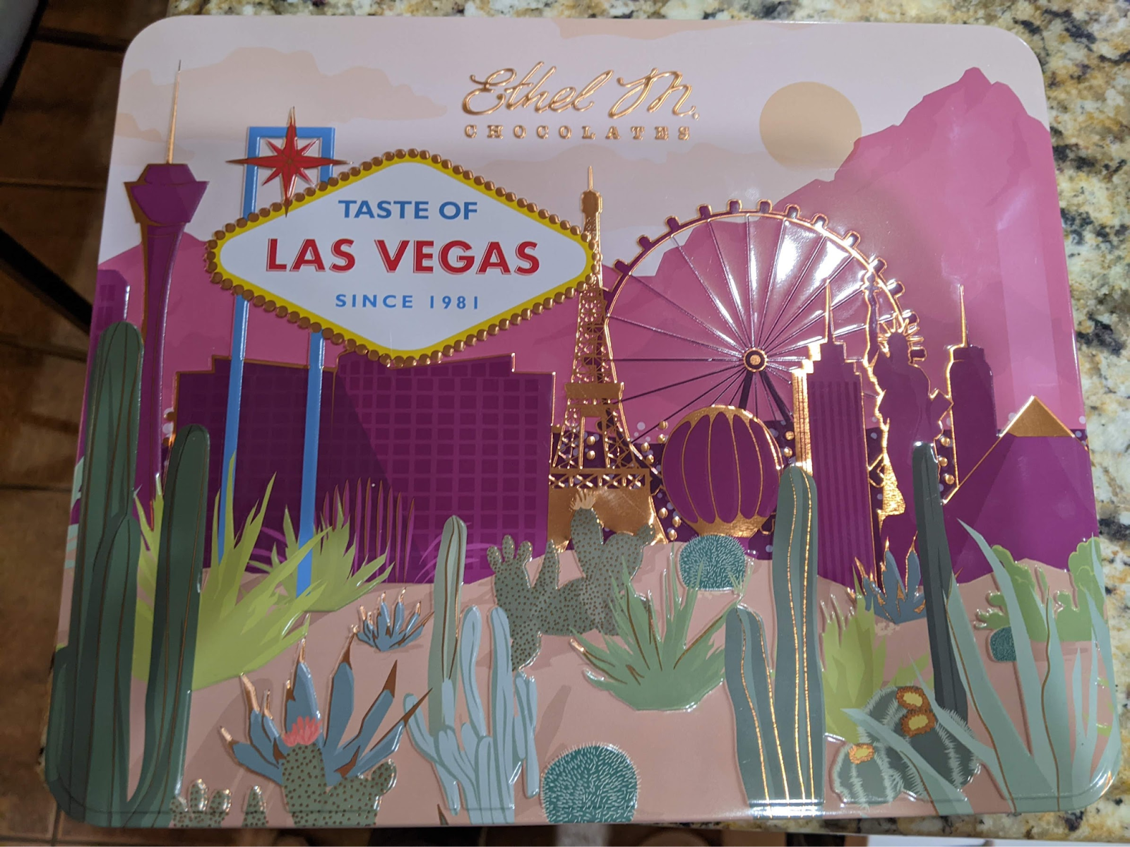 A box of Ethel M. chocolates showing the cactus garden