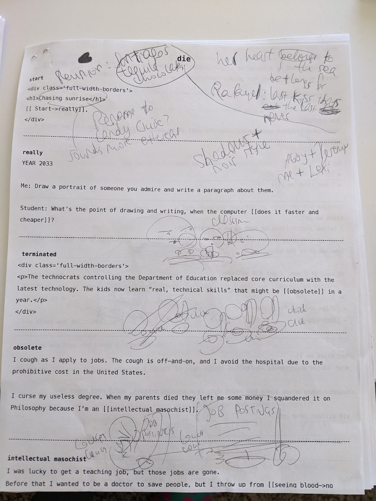 a printed out script with my doodles on it